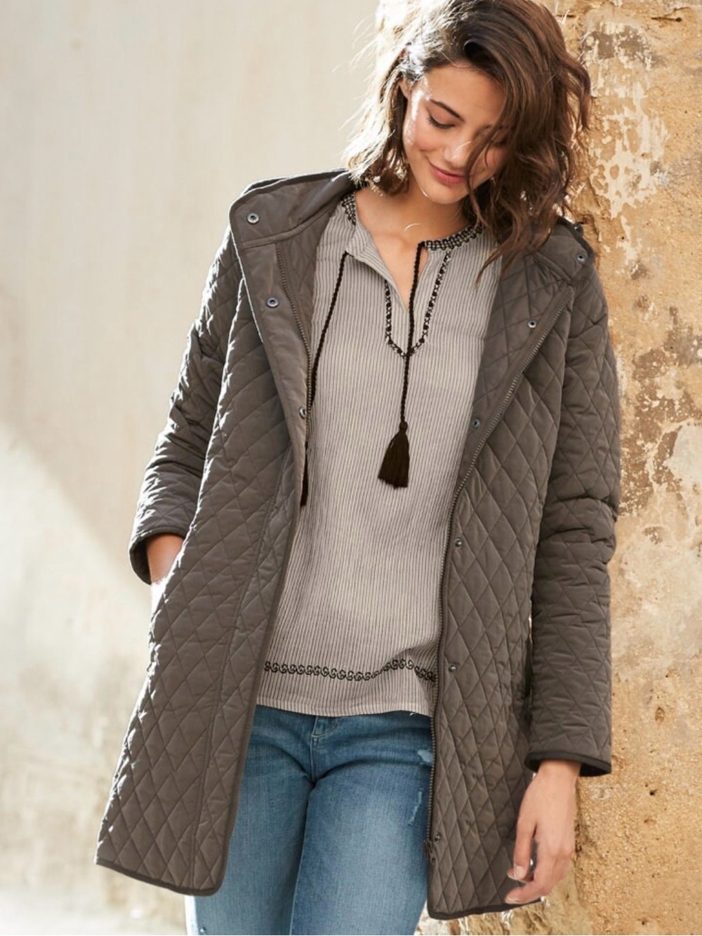 Garnet Hill Quilted Hooded Coat in Gray